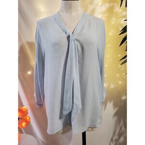 Zara Women's M Tie Neck Button Up V-Neck 3/4 Sleeve Lightweight Blue Blouse Top